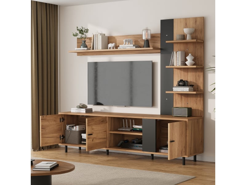  Ensemble meuble tv 187,5 x 40 x 167 cm, meuble mural avec vitrines et étagères, 3 meubles, bois et noir, tv jusqu’à 80  - Conforama D