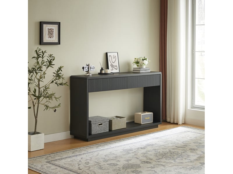  Table console d'entrée noire 150 cm avec 2 tiroirs et étagère ouverte, style moderne pour le couloir et le salon  - Conforama E