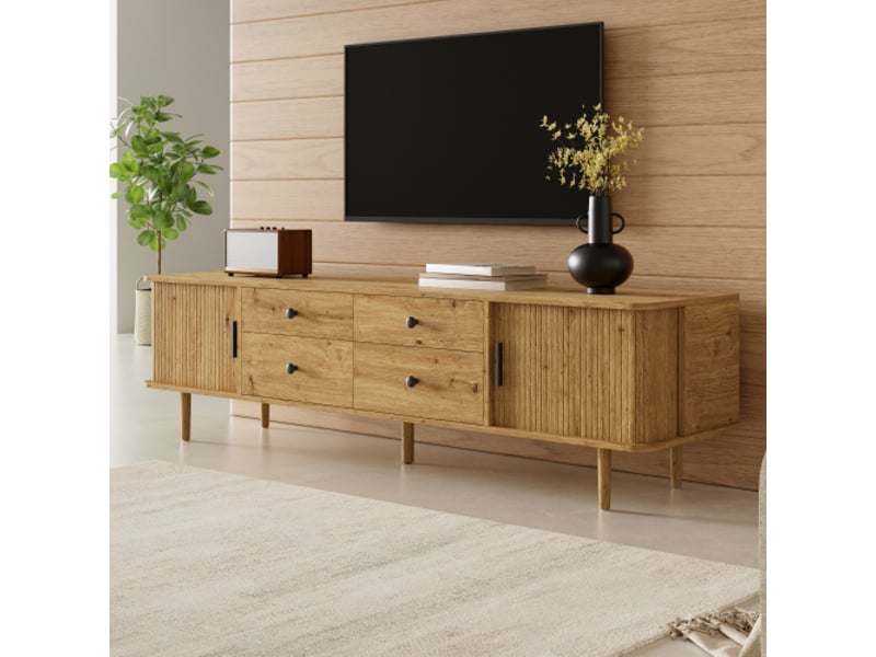  Meuble tv bas 165 cm en mdf, 4 tiroirs et 2 portes coulissantes, grand rangement, coins arrondis  - Conforama D