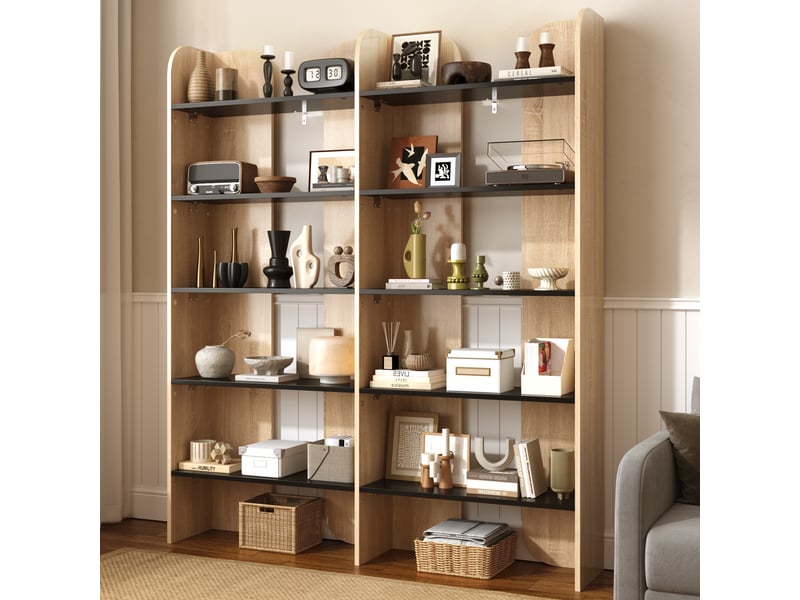 Bibliothèque ouverte 5 niveaux 135x25x160cm,grande capacité,étagère sur pied pour salon et bureau,panneau de particules,effet bois et noir - Conforama B