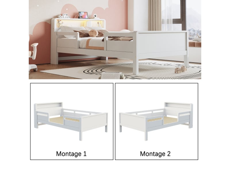  Lit enfant 90x200 cm avec rangement - lit simple, tête de lit led et usb type-c - bois de pin - 1 place - blanc  - Conforama D