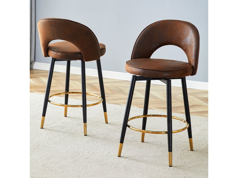  Lot de 2 tabourets de bar 44x47.4x92cm – pivotants à 360° avec dossier ajouré et repose-pieds – similicuir pu - marron  - Conforama E