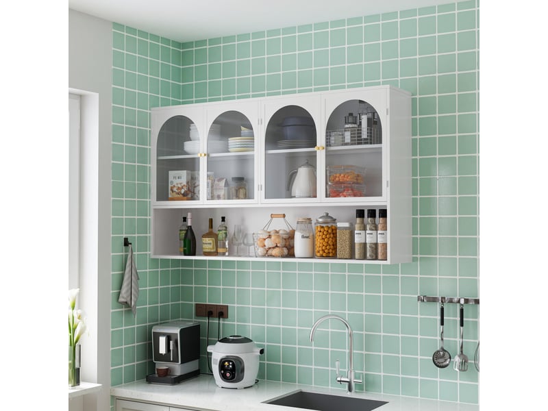  Buffet de cuisine - 120x23x70cm - meuble haut, armoire murale 4 portes en verre gris &amp; étagère, style industriel - blanc  - Conforama B