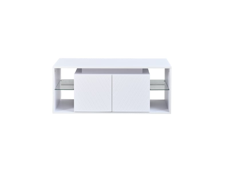  Table basse 100x50x41 cm blanche avec led, 2 portes à motif diagonal et rangement semi-ouvert Fay Lum - Conforama D