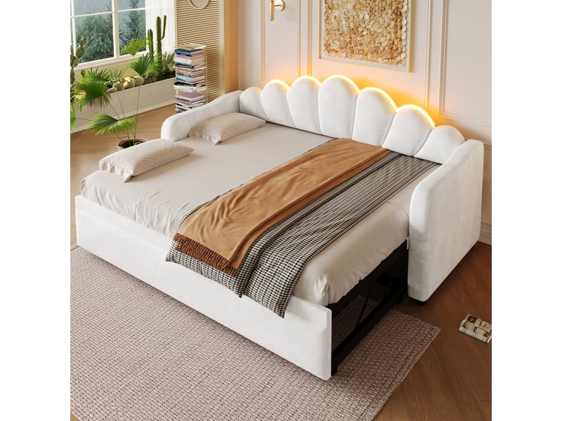 Lit tiroir gigogne 90x200 cm, velours blanc, led 7 couleurs, 2 positions, sans matelas - Conforama B