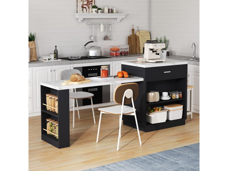 Îlot de cuisine avec table extensible pour 4 à 6 personnes, noir et effet marbre, prises électriques, rangement - Conforama C