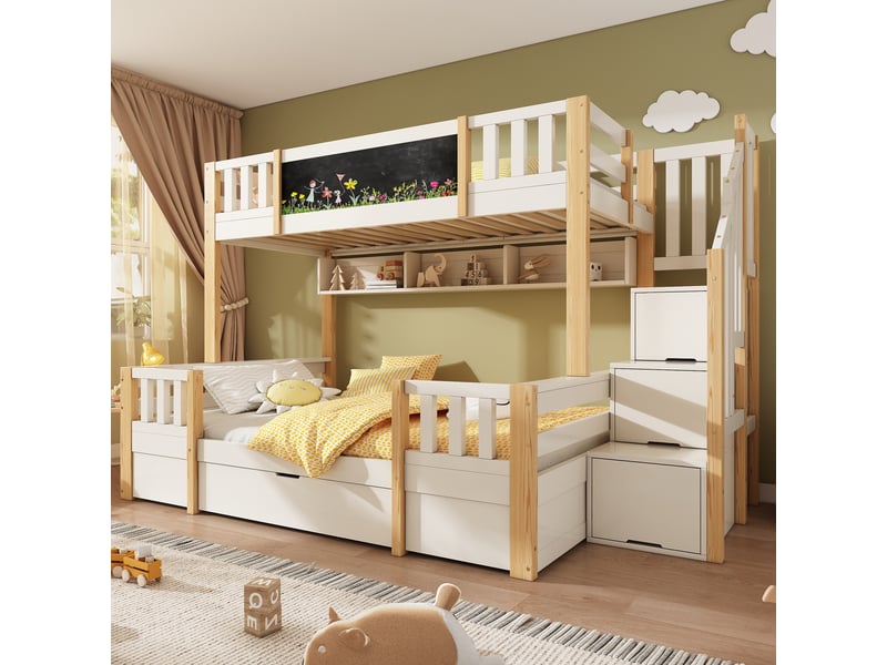  Lit superposé 90 x 200 et 140 x 200 cm avec escalier de rangement, tableau à craie et garde-corps, tiroirs sous le lit, bois, couleur bois Morn Vibe - Conforama C
