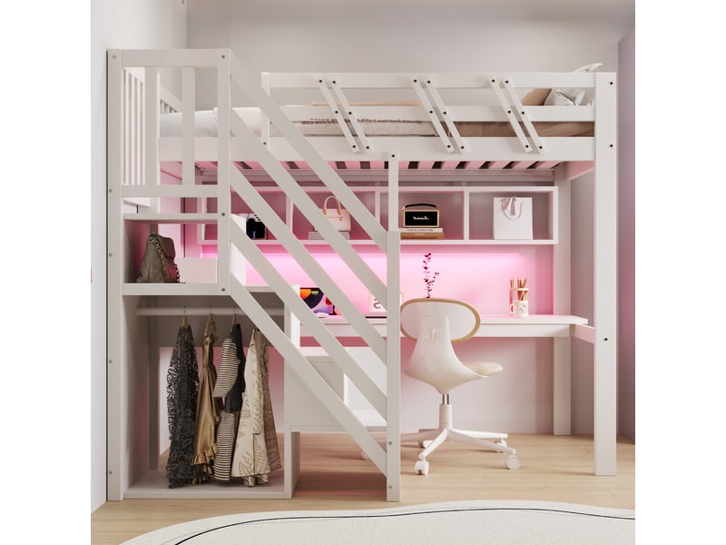  Lit en bois massif 90x200cm avec port usb et éclairage led, lit enfant avec bureau, cadre de lit adulte, lit simple rembourré, blanc  - Conforama W