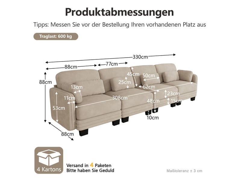 Canapé droit modulaire 4 places en chenille café clair avec coussins lombaires - Conforama C