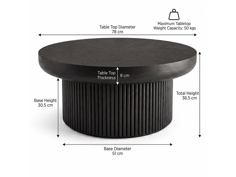  Table basse ronde cannelée, plateau de 8 cm en bois noir  - Conforama E
