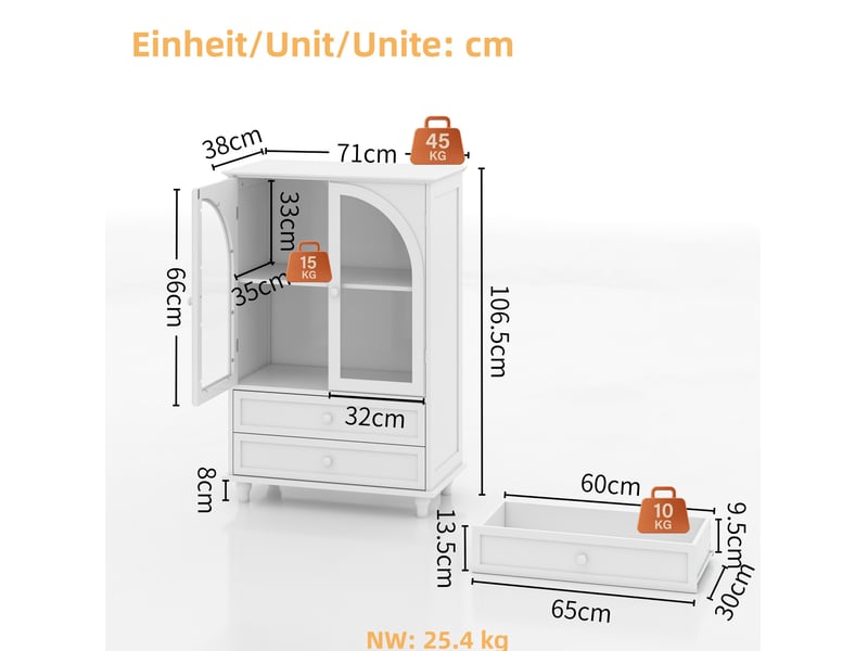  Buffet de rangement 2 portes vitrées et 2 tiroirs 71x38x106,5 cm blanc  - Conforama C