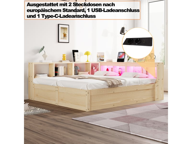 Canapé-lit 90180x200 cm, lit enfant, couchage d'appoint, rangement hydraulique, led, bois naturel, prise intégrée  - Conforama W
