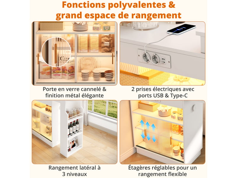 Bar extensible avec rangement 131–170 cm, meuble bar avec portes vitrées, led connectée, prises usb & type-c - blanc - Conforama E