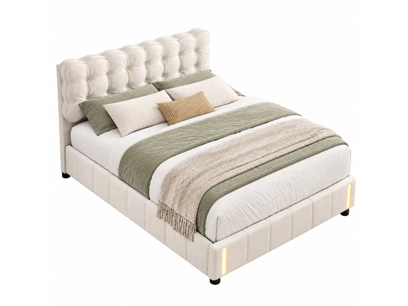  Lit de rangement hydraulique 160×200 cm, avec vérins de relevage hydraulique sous le lit, cadre de lit rembourré en velours, équipé d’un éclairage à détection de mouvement, couleur beige, matelas non … 240401HXF0101#ADHWHz3aYhFRHF - Conforama A