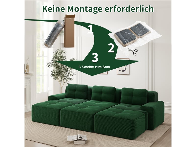  Canapé modulable 3 places avec 3 poufs en velours côtelé vert W3325S00211 - Conforama E