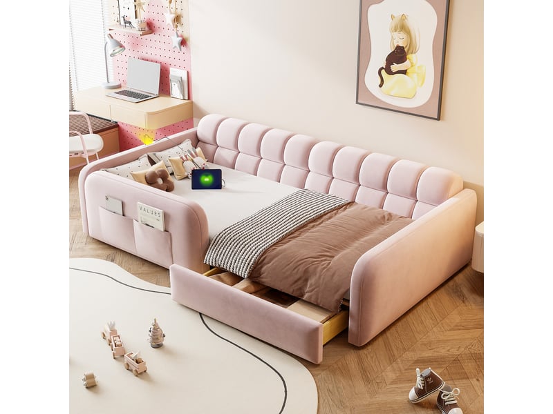  Lit enfant 90 x 200 cm avec tiroir, veilleuse et usbtype-c, lit simple rembourré en velours rose avec dossier façon canapé et hauts garde-corps  - Conforama B