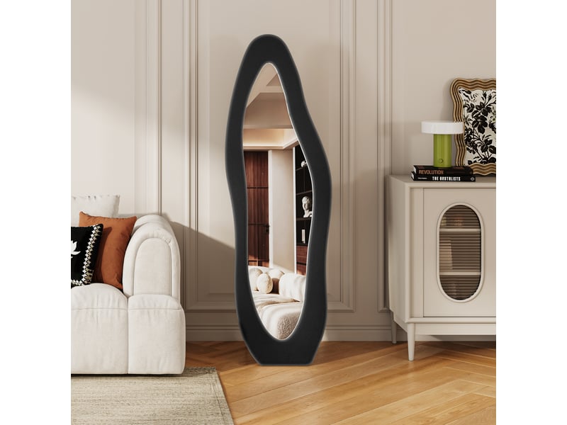  Miroir au sol design ondulé, 160×50 cm, cadre bouclette noir, miroir pleine longueur mural ou sur pied  - Conforama D