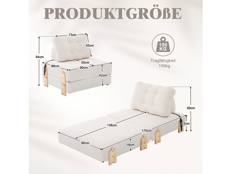  Fauteuil convertible 90x86x84 cm en velours côtelé beige  - Conforama E