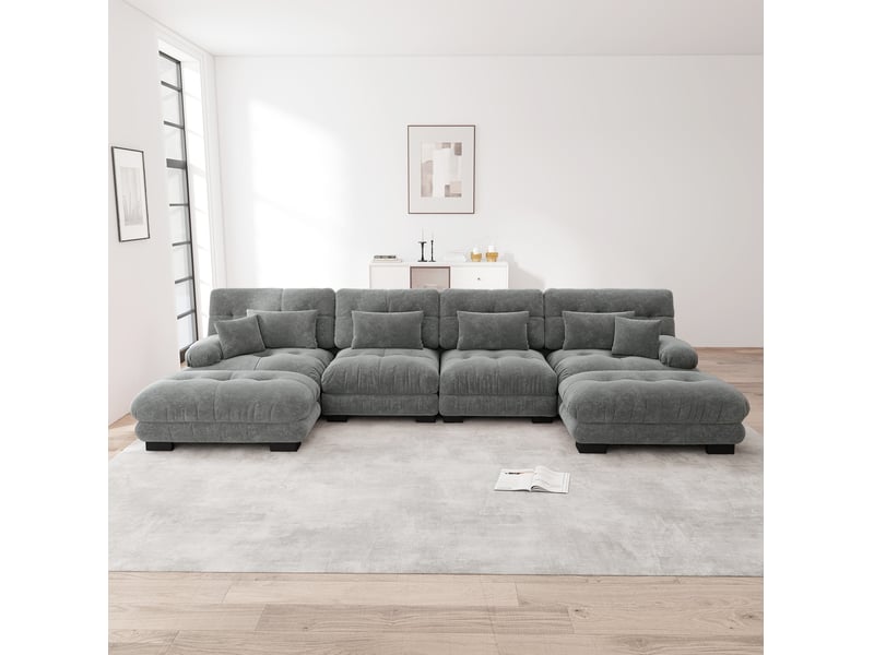  Canapé modulable d’angle u 4 places 406x145x81 cm, ottomane mobile, coussins, effet nuage, chenille, gris  - Conforama B
