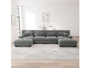 Canapé modulable d’angle u 4 places 406x145x81 cm, ottomane mobile, coussins, effet nuage, chenille, gris