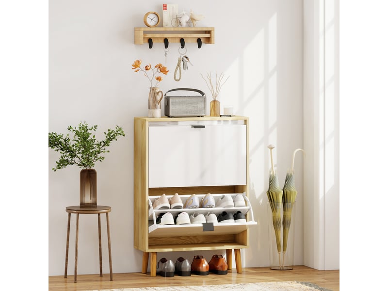  Meuble à chaussures, armoire à chaussures étroite, 2 tiroirs rabattables, portes haute brillante, 60x24x91cm, blanc  - Conforama B