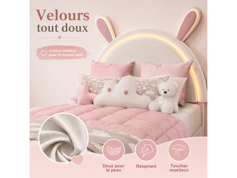 Lit fille 90x200 - oreilles de lapin led réglable et tête de lit- sommier à lattes - lit enfant rembourré princesse, lit enfant 90x200 avec sommier led, oreilles de lapin et tête de lit - lit fille 1 personne, design princesse m… - Conforama E