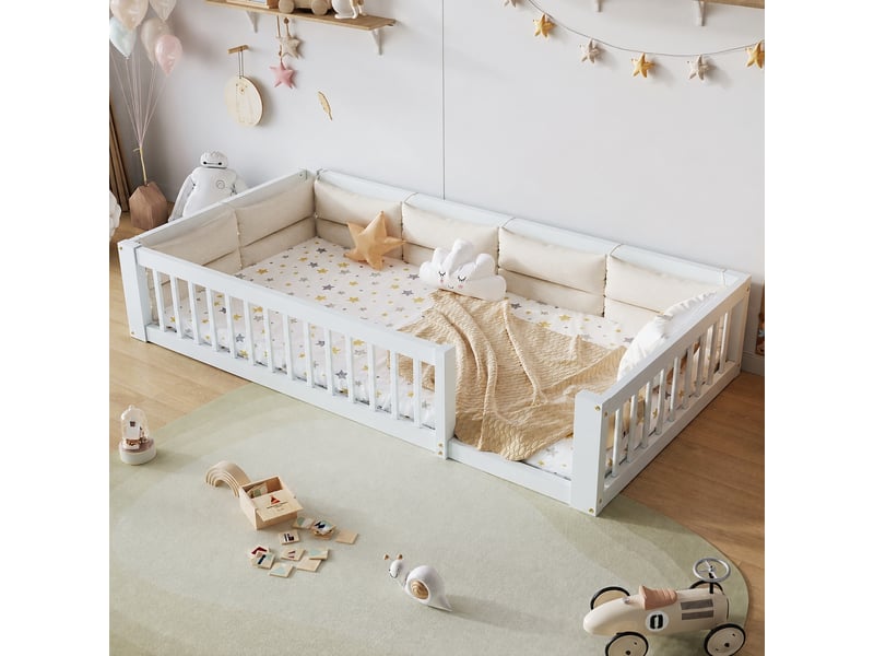  Lit enfant 90 x 200 cm avec barrières de sécurité et coussins, blanc  - Conforama B