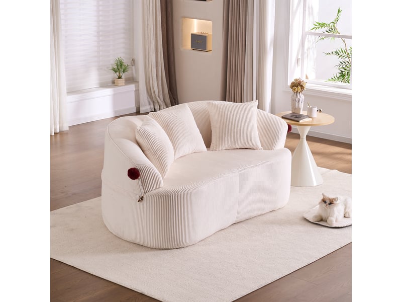  Canapé 2 places design arrondi, tissu velours côtelé, dossier courbé avec pompons, 3 coussins inclus, blanc OMNIGLINT TRADING LTD - Conforama D