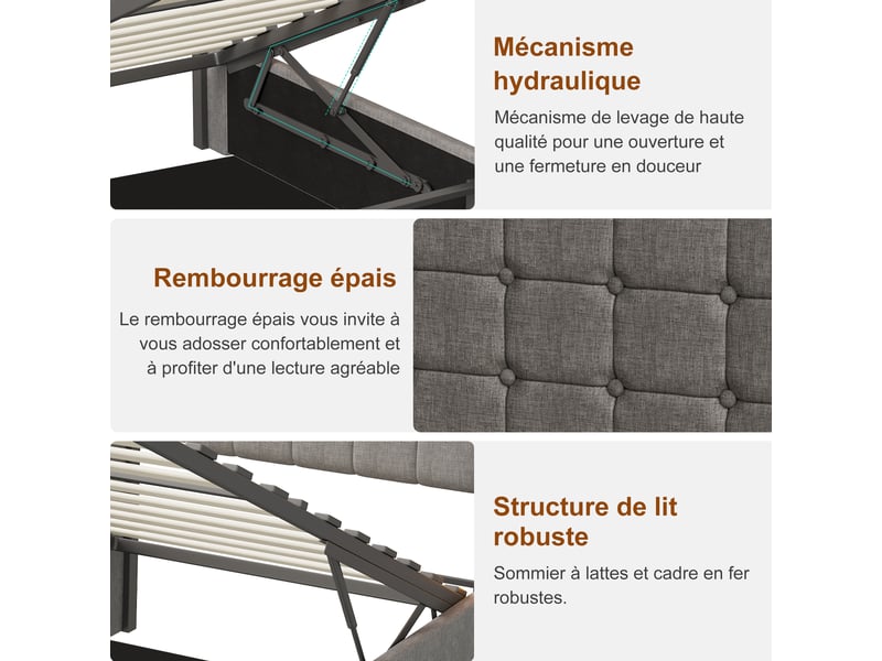  Lit coffre 90x200 cm avec led,usb et hydraulique, lit simple en lin gris, grand rangement, tête de lit capitonnée  - Conforama W