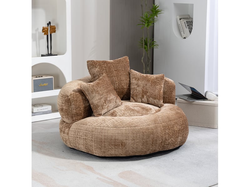  Fauteuil poire 1 place en chenille café avec dossier haut et 3 coussins  - Conforama D