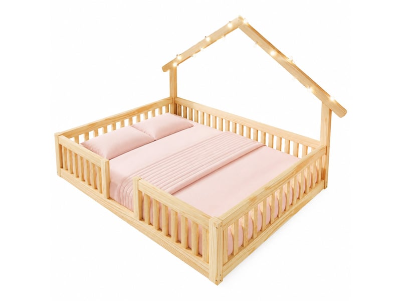  Lit cabane enfant 140x200 cm avec barrières de sécurité, guirlande led, cadre bas, mdf pin, naturel sans matelas  - Conforama A