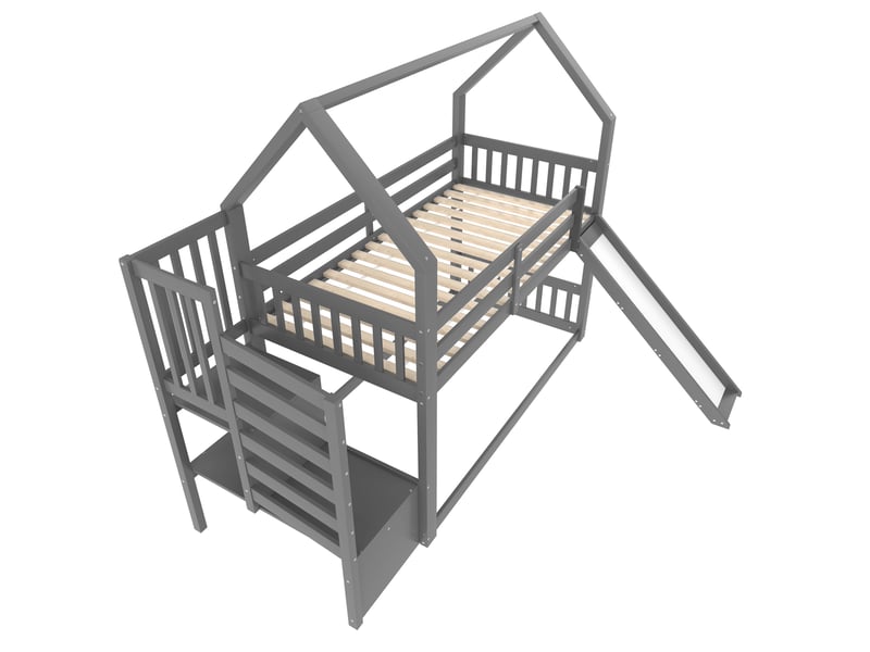  Lit superposé avec toboggan et escalier, lit cabane gris 90x200, lit enfant avec barrière de sécurité, sans matelas.  - Conforama W