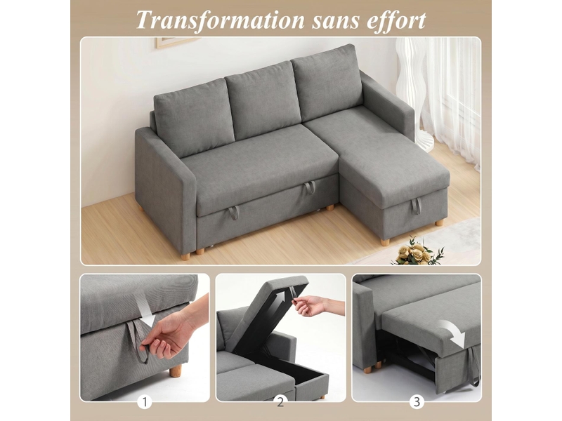  Canapé d'angle convertible 3 places avec méridienne en tissu gris 211,5x146x85 cm  - Conforama D