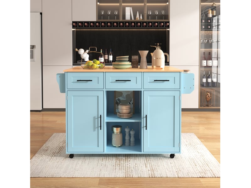  Desserte de cuisine 139x46x91,5 cm avec plateau rabattable, mdf, bleu  - Conforama B