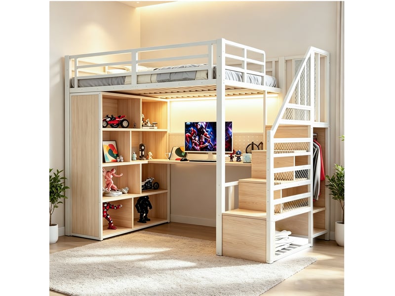  Lit enfant 90x200 cm avec éclairage led, lit simple avec armoire et bureau, lit mezzanine en métal, lit 1 personne, blanc  - Conforama A