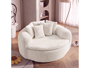 Fauteuil lounge 145x133x59 cm en velours côtelé, assise profonde, 5 coussins, accoudoirs enveloppants, rembourrage mousse et ressorts ensachés, beige