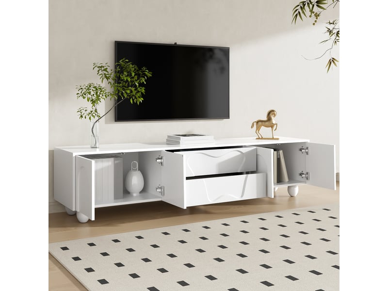  Meuble tv 180 cm – grand espace de rangement – pieds en bois – blanc  - Conforama D