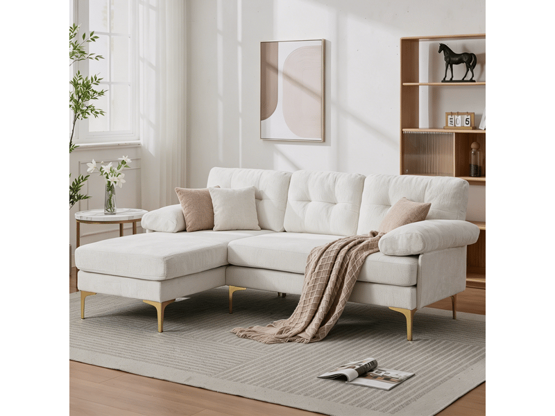  Canapé d’angle 3 places beige, méridienne réversible gauche droite, canapé en tissu chenille, 187,5 cm pour salon moderne  - Conforama B
