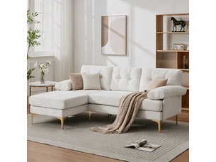 Canapé d’angle 3 places beige, méridienne réversible gauche droite, canapé en tissu chenille, 187,5 cm pour salon moderne