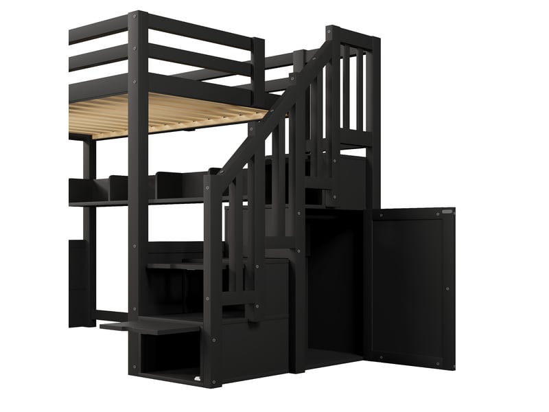  Lit mezzanine 90x200 cm – avec escalier rangement led et 4 compartiments – pin massif et mdf – noir CozyNest - Conforama E