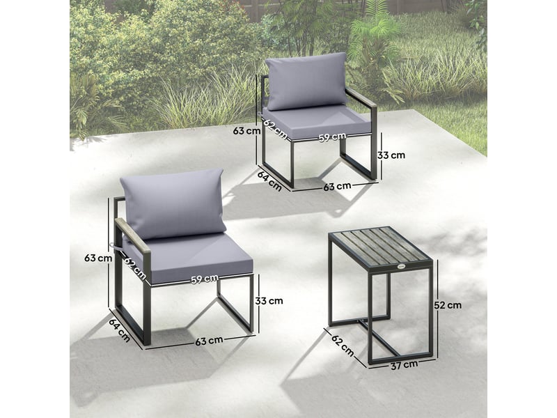  Ensemble de jardin 3 pièces comprenant une table et deux chaises avec assise et coussins en textilène, gris  - Conforama E