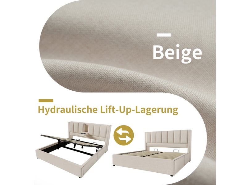 Lit coffre 140x190 double rembourré avec porte-gobelet et station recharge dissimulés rangement hydraulique sommier lattes lin beige sans matelas  - Conforama W