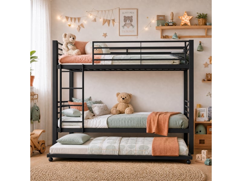  Lit superposé 90x200+90x190 cm - lit métal certifié en 747 avec 3 couchages robuste 550kg silencieux - noir  - Conforama C