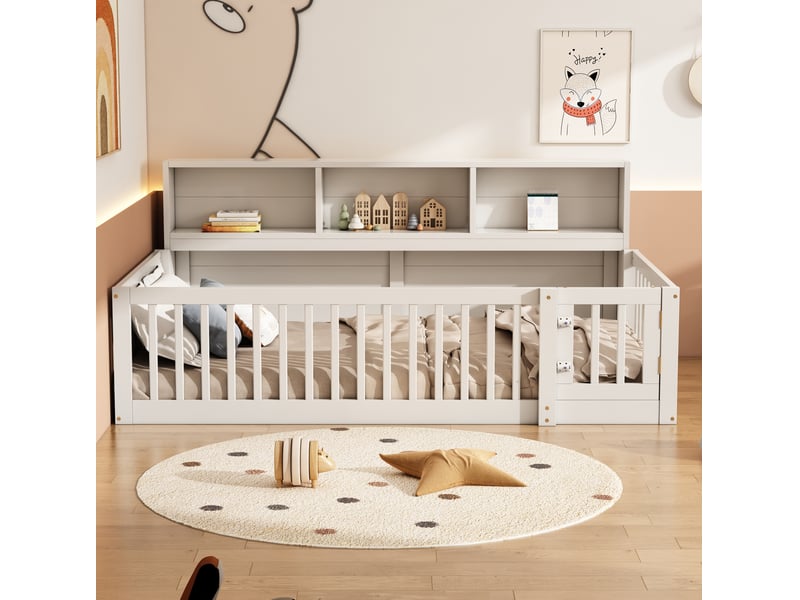  Lit simple enfant 90x200 cm avec rangements et barrières blanc  - Conforama D