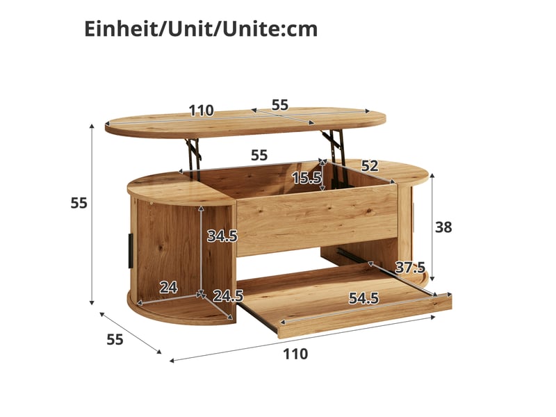  Table basse relevable 110x55 cm – naturel – rangement caché, portes latérales coulissantes, tablette extractible  - Conforama C