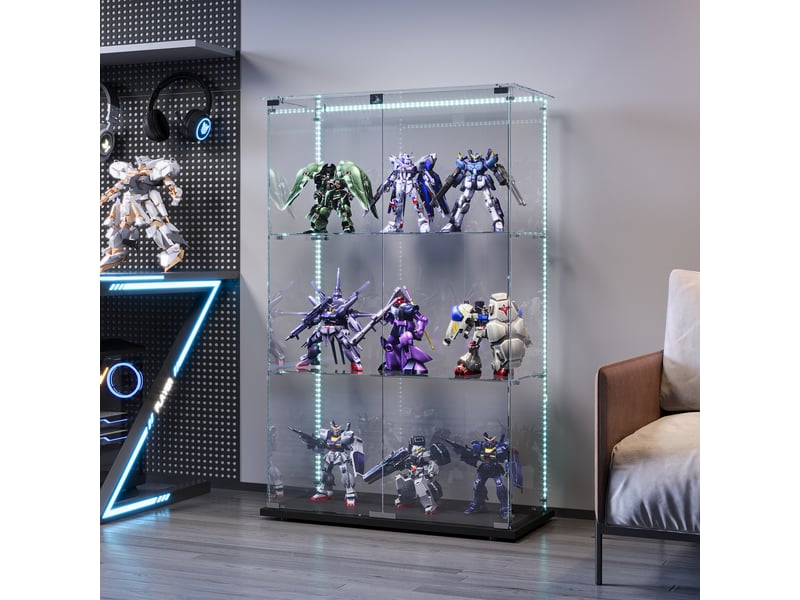  Vitrine en verre 3 niveaux double porte - noir - 78,5 x 35 x 123,5 cm - armoire d'exposition avec ruban led et base noire  - Conforama C