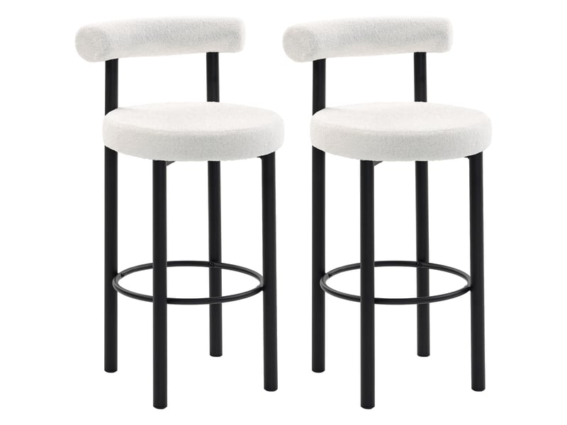  Lot de 2 tabourets de bar, chaises de bar en tissu bouclette avec dossier incurvé, repose-pieds, 50x52,5x98cm, blanc  - Conforama A