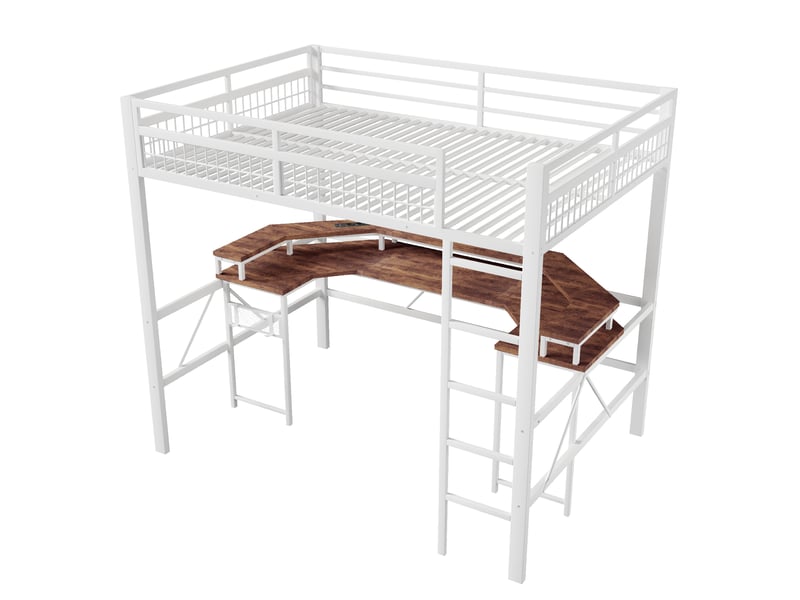  Lit mezzanine blanc 140 × 200 cm avec bureau, led, usb, type-c et 2 prises  - Conforama D