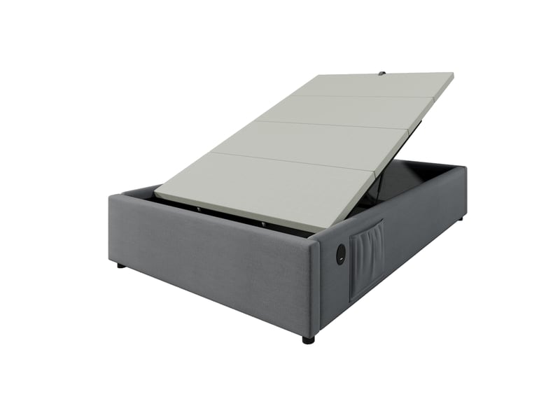  Sommier coffre 90x200 cm avec usb-c et poches latérales, lin, gris, sans matelas  - Conforama E
