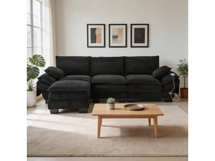 Canapé modulable 3 places velours côtelé avec pouf assise large ergonomique mousse haute densité port usb-c poches latérales salon bureau lounge noir